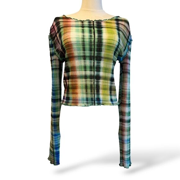 Urban Outfitters Margot Crop Top Wm‎ M Lettuce Edge Colorful Sheer Stretchy LSlv - Picture 1 of 11